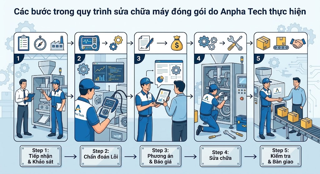 Dịch Vụ Sửa Chữa, Bảo Trì Máy Đóng Gói Chuyên Nghiệp, Uy Tín Tại Anpha Tech 8 Các bước trong quy trình sửa chữa máy đóng gói do Anpha Tech thực hiện