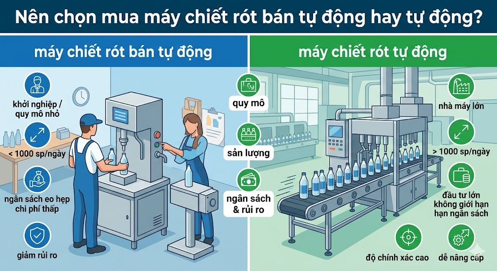Nên chọn mua máy chiết rót bán tự động hay tự động?