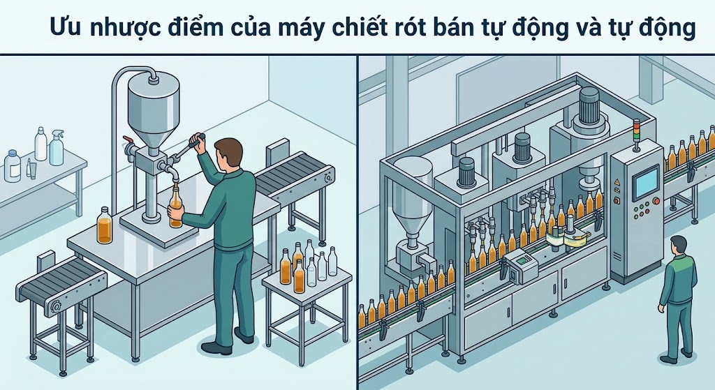Ưu, nhược điểm của máy chiết rót bán tự động và tự động